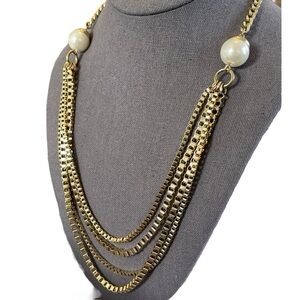 ❤️ Vintage Gold Box Chain Multi Layered Faux Pearl Necklace